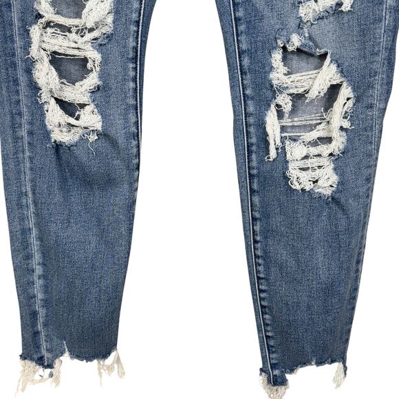 American Eagle SZ 8 SHORT Curvy Jeggings Jeans Super Hi-Rise Distressed Rip Blue - Picture 4 of 13
